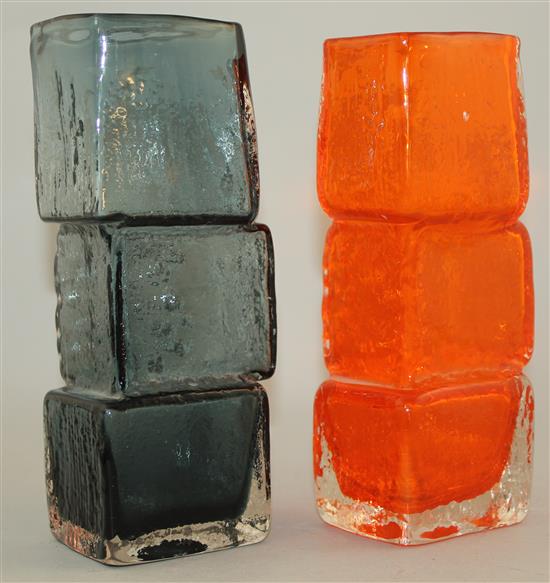 Two Whitefriars drunken bricklayer vases, designed by Jeffery Baxter, 21cm and 21.5cm